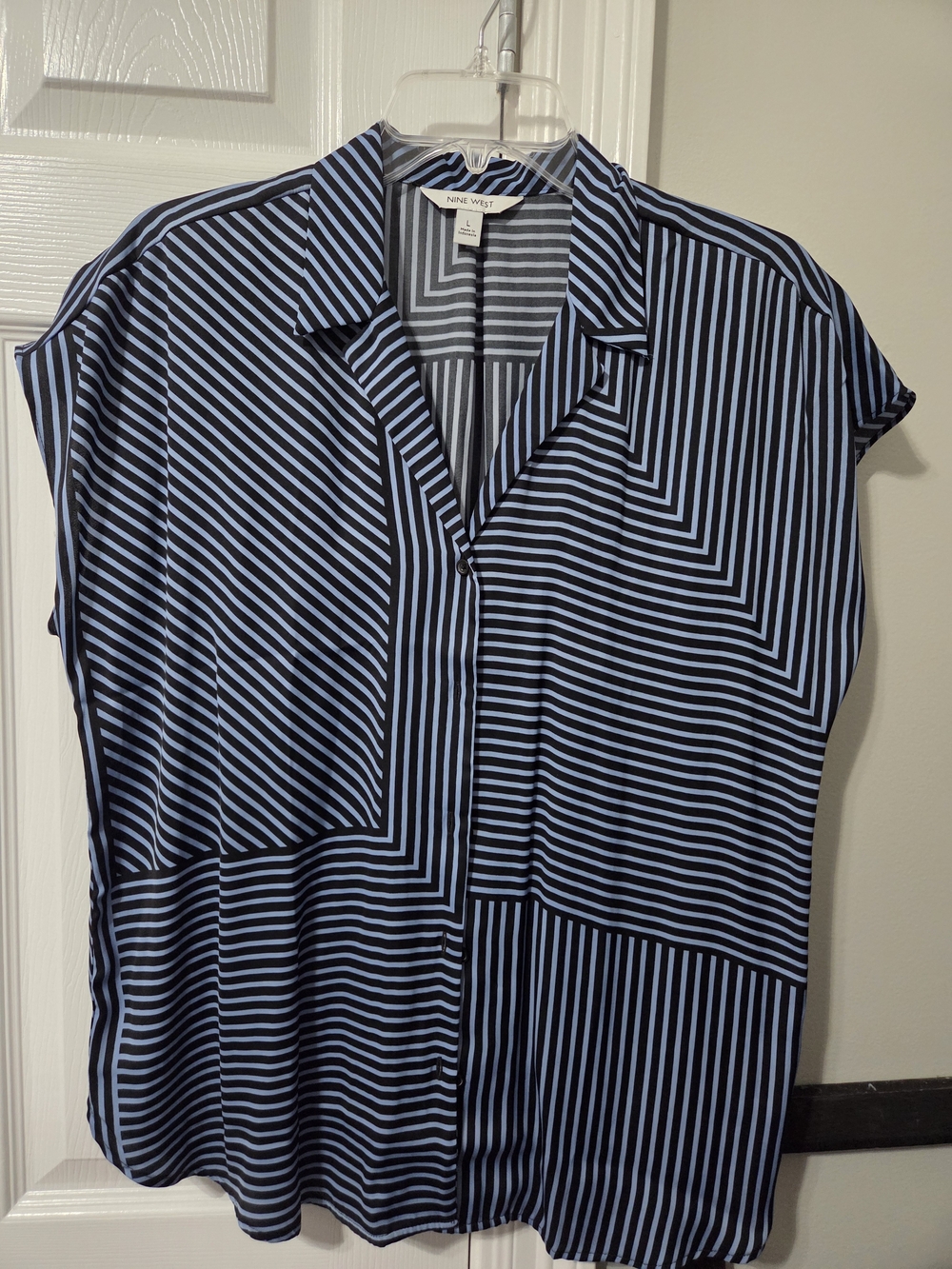 Nine West Black and Light Blue Striped Short Sleeve Blouse